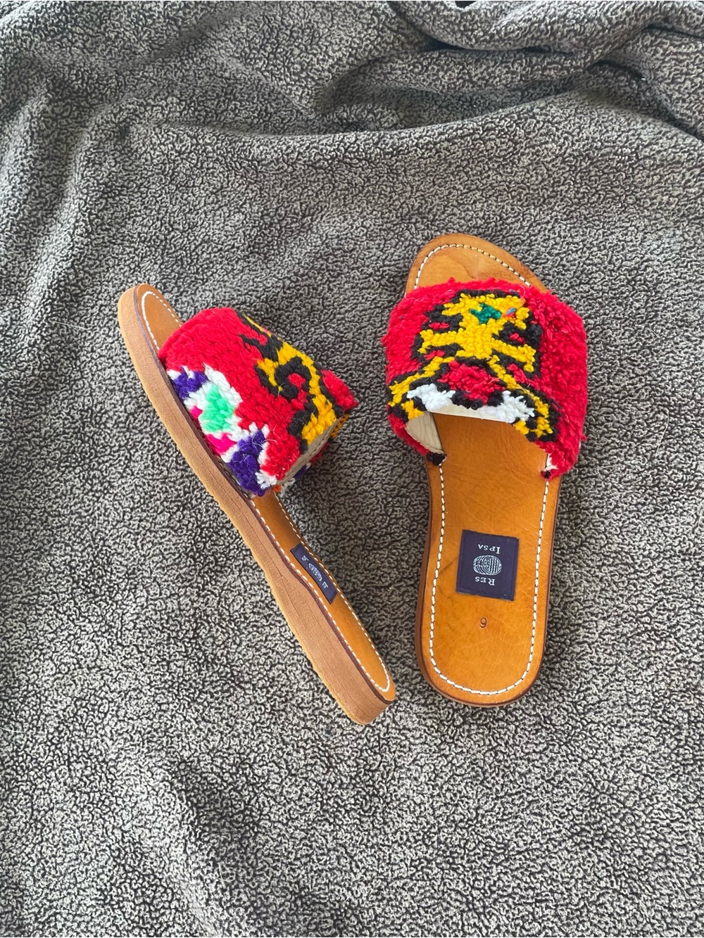 IPSA One-of-a-Kind Kilim Rug Slide Sandals in Multicolor/ Red Size 6